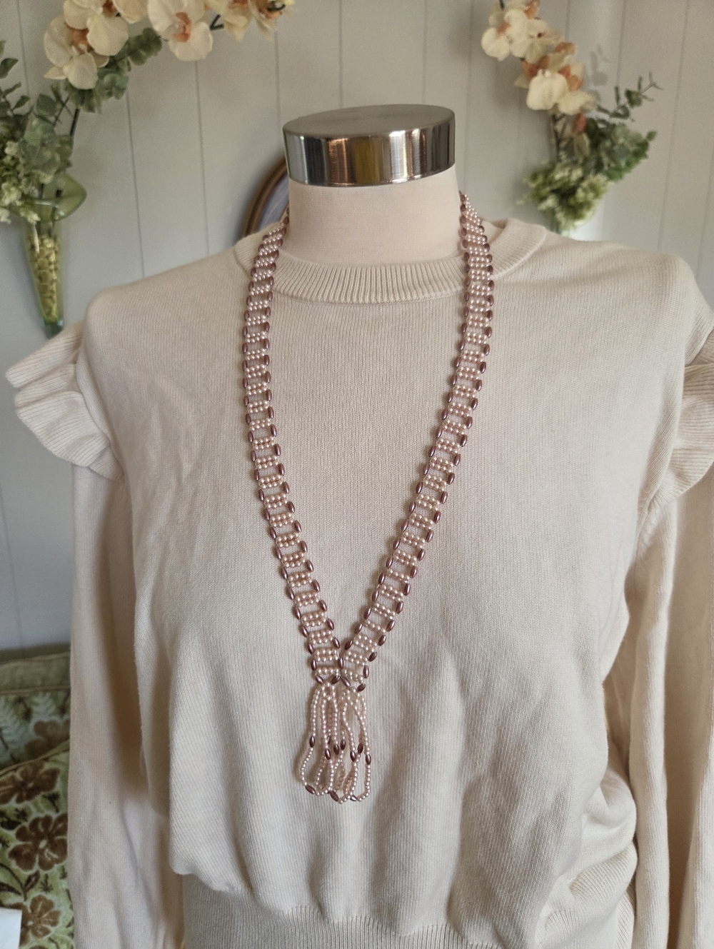 Vintage Handmade Long Pink Beaded Necklace - Women Jewelry